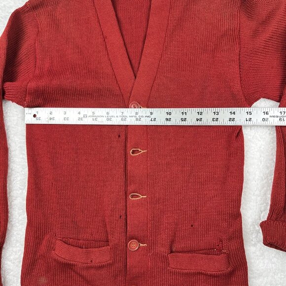 Vintage Wool Cardigan Sweater Distressed Brick Red Primitive 40s Varsity USA - Picture 12 of 16